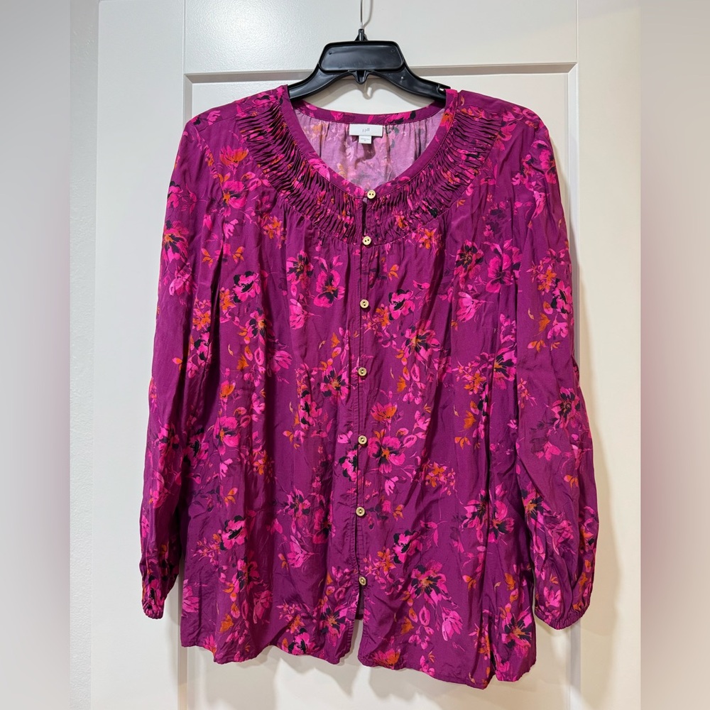 J. Jill Magenta and Pink Floral Blouse 2x long sleeve